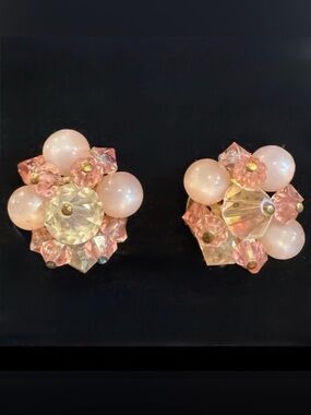 Vintage—Pink Beaded Clip-On Earrings, Gold Tone, Solid Pink & Iridescent Beads